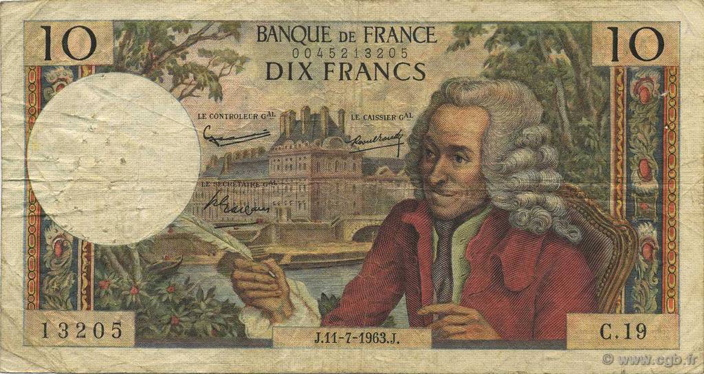 10 Francs VOLTAIRE FRANCE  1963 F.62.03 pr.TB