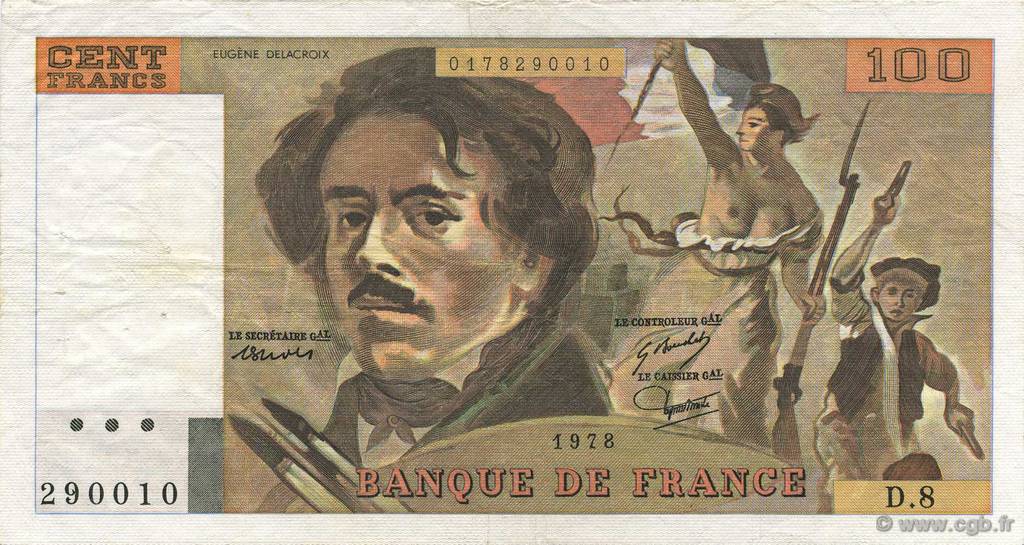 100 Francs DELACROIX modifié FRANCE  1978 F.69.01e TTB+