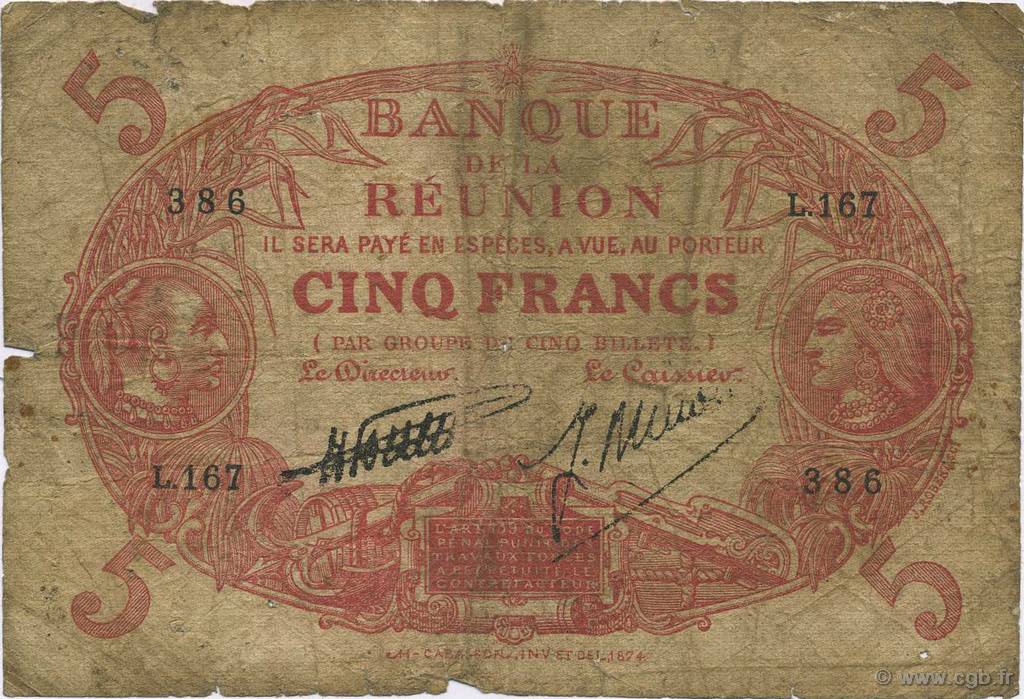 5 Francs Cabasson rouge ÎLE DE LA RÉUNION  1938 P.14 AB
