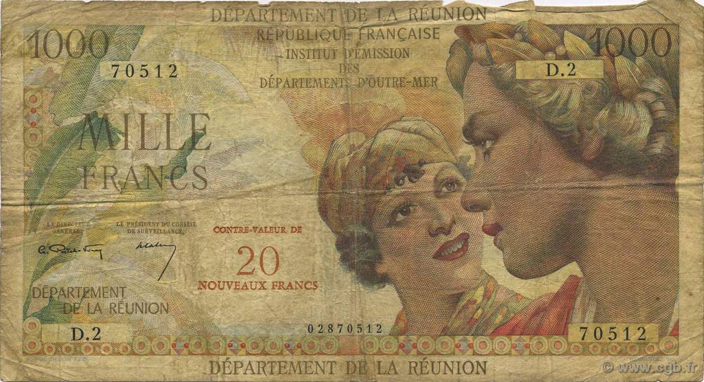 20 NF sur 1000 Francs Union Française ÎLE DE LA RÉUNION  1967 P.55a AB