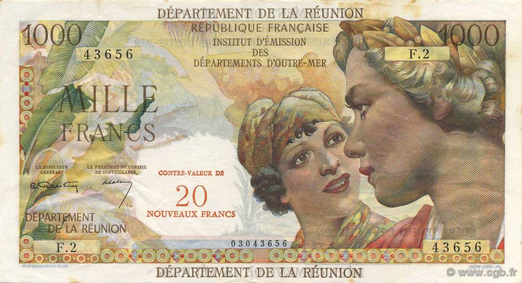 20 NF sur 1000 Francs Union Française ÎLE DE LA RÉUNION  1967 P.55a SUP