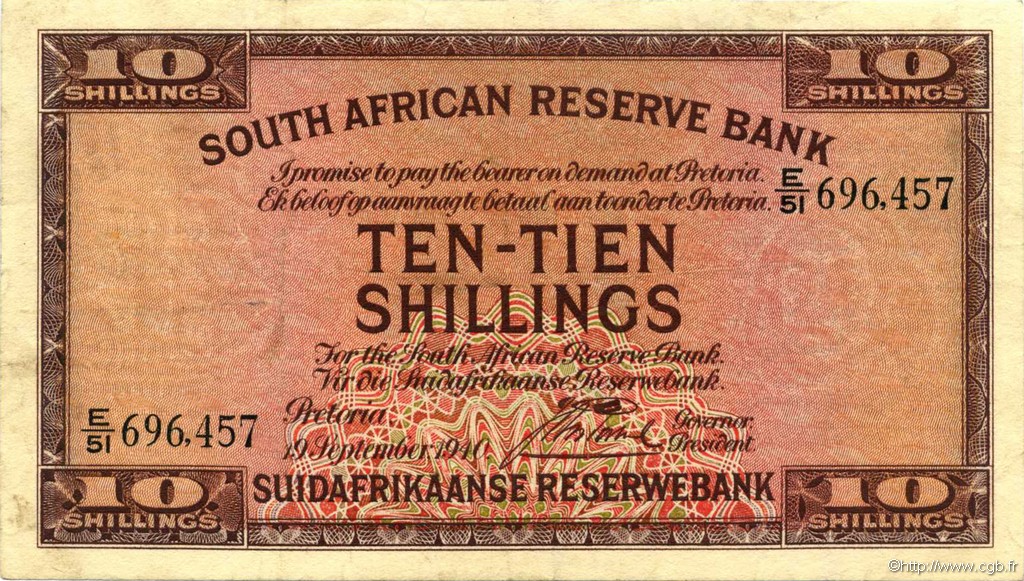 10 Shillings AFRIQUE DU SUD  1941 P.082d TB+