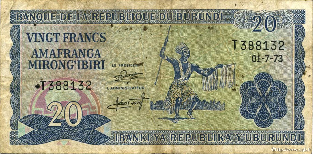 20 Francs BURUNDI  1973 P.21b TB