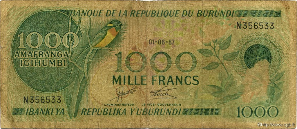 1000 Francs BURUNDI  1987 P.31c B+