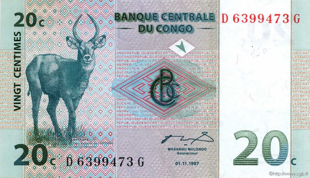 20 Centimes RÉPUBLIQUE DÉMOCRATIQUE DU CONGO  1997 P.083a SUP