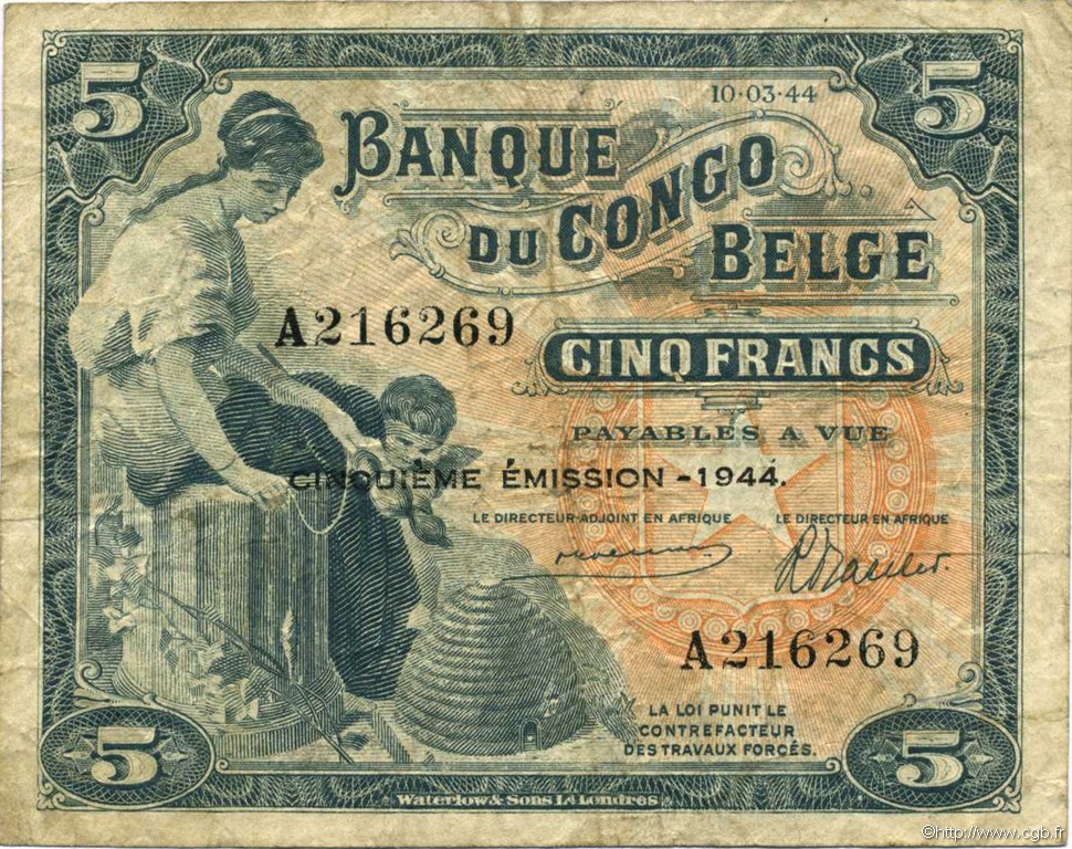 5 Francs CONGO BELGE  1944 P.13Ac TB