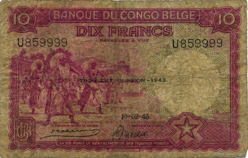 10 Francs CONGO BELGE  1943 P.14C B