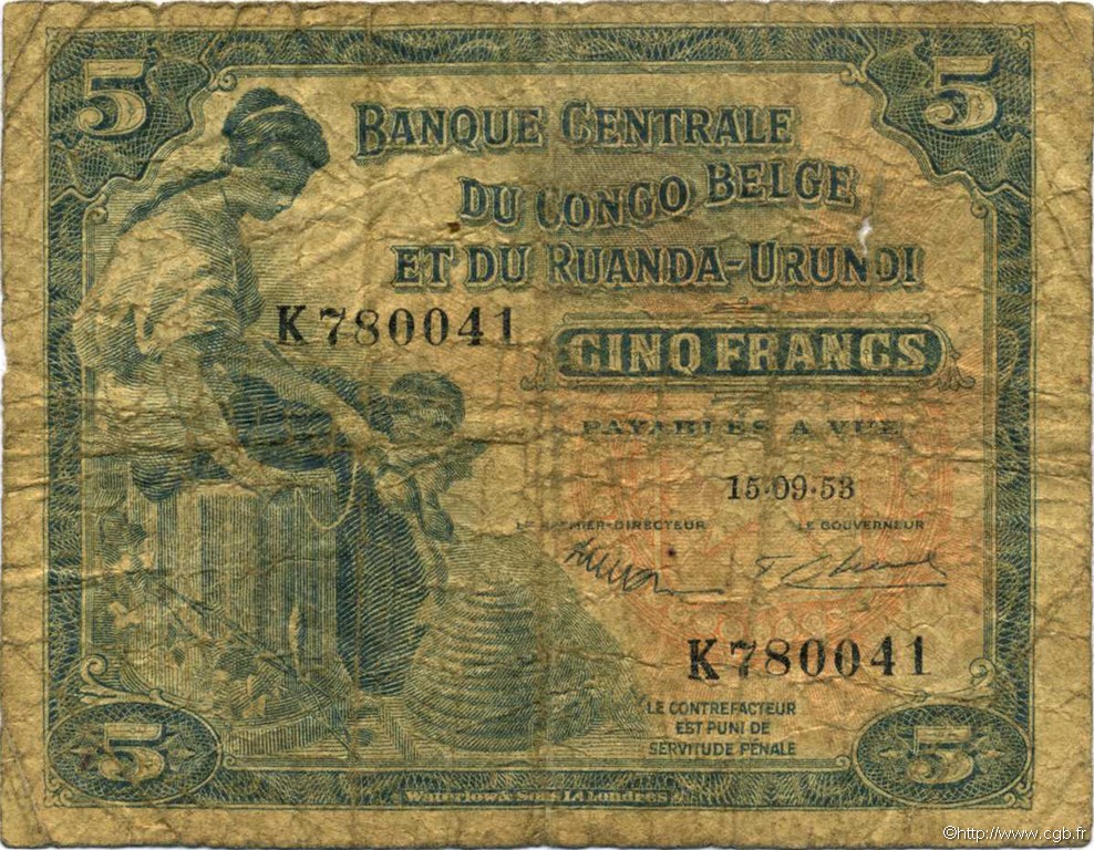 5 Francs CONGO BELGE  1953 P.21 B