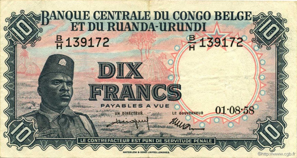 10 Francs CONGO BELGE  1958 P.30b TTB