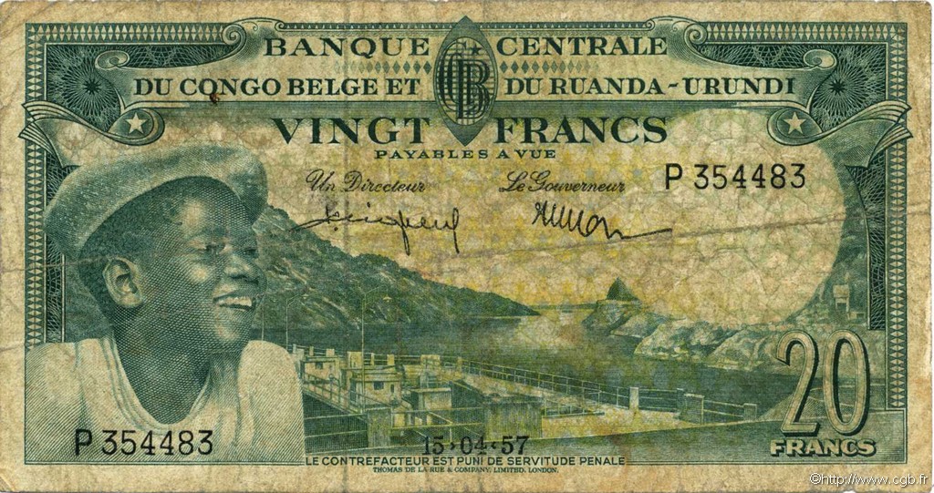20 Francs CONGO BELGE  1957 P.31 B+