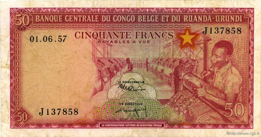 50 Francs CONGO BELGE  1957 P.32 pr.TTB