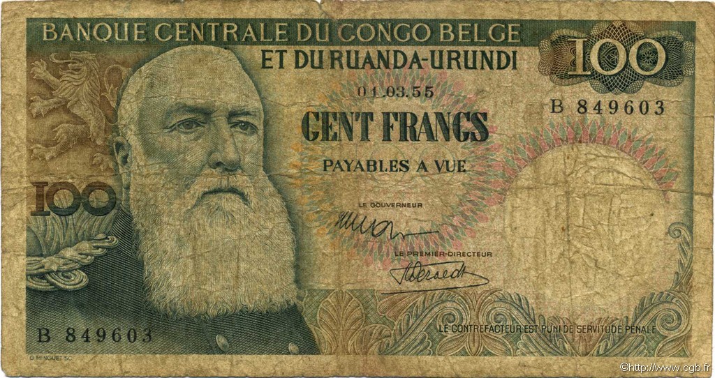 100 Francs CONGO BELGE  1955 P.33a B