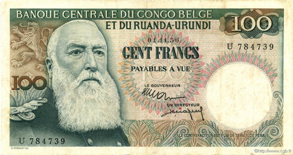 100 Francs CONGO BELGE  1956 P.33b TTB