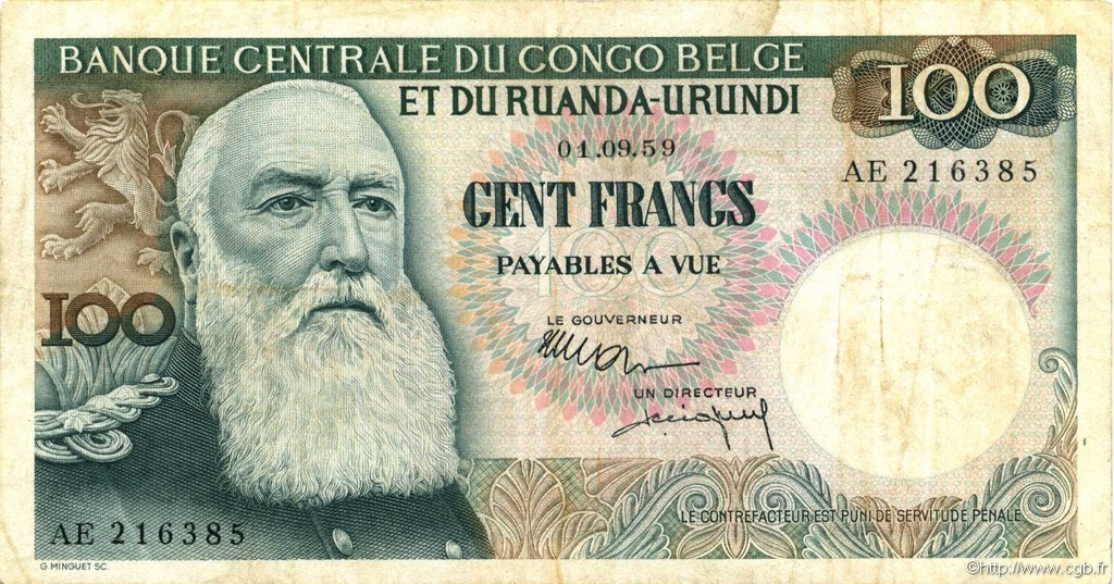 100 Francs CONGO BELGE  1959 P.33b pr.TTB