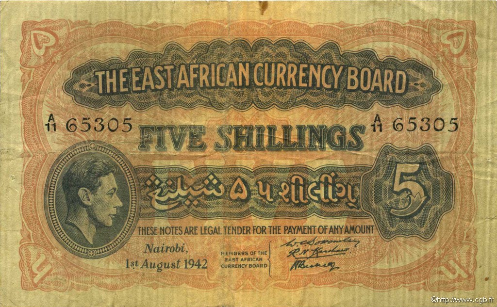 5 Shillings AFRIQUE DE L EST  1942 P.28A pr.TTB