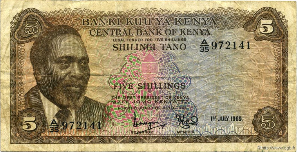 5 Shillings KENYA  1969 P.06a B+