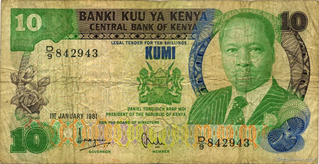 10 Shillings KENYA  1981 P.20a B+