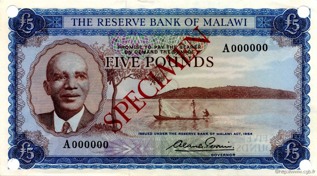5 Pounds Spécimen MALAWI  1964 P.04s pr.NEUF