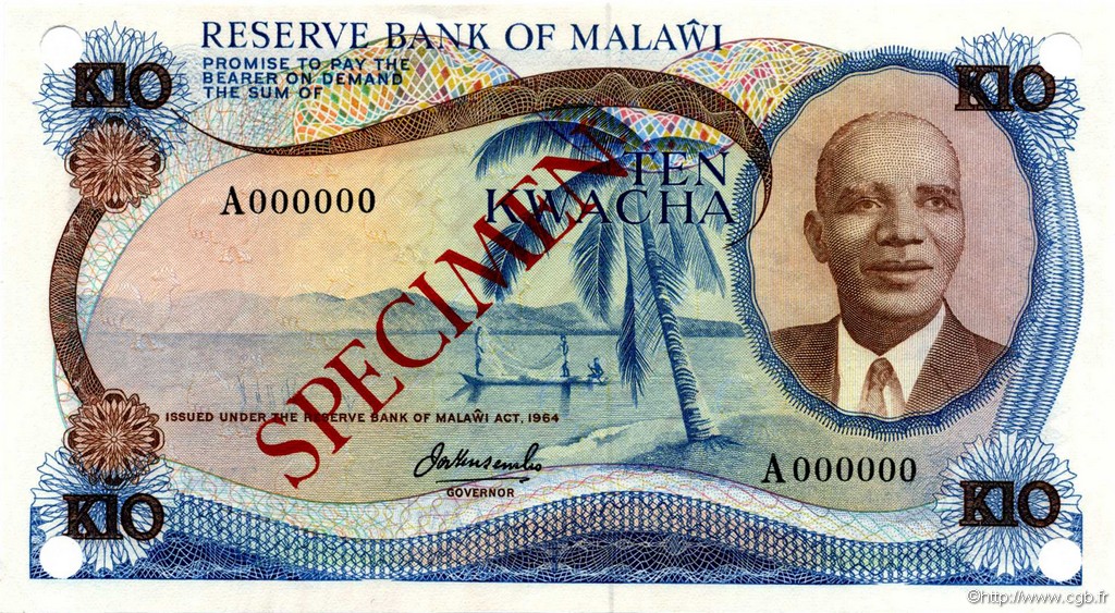 10 Kwacha Spécimen MALAWI  1973 P.12s NEUF