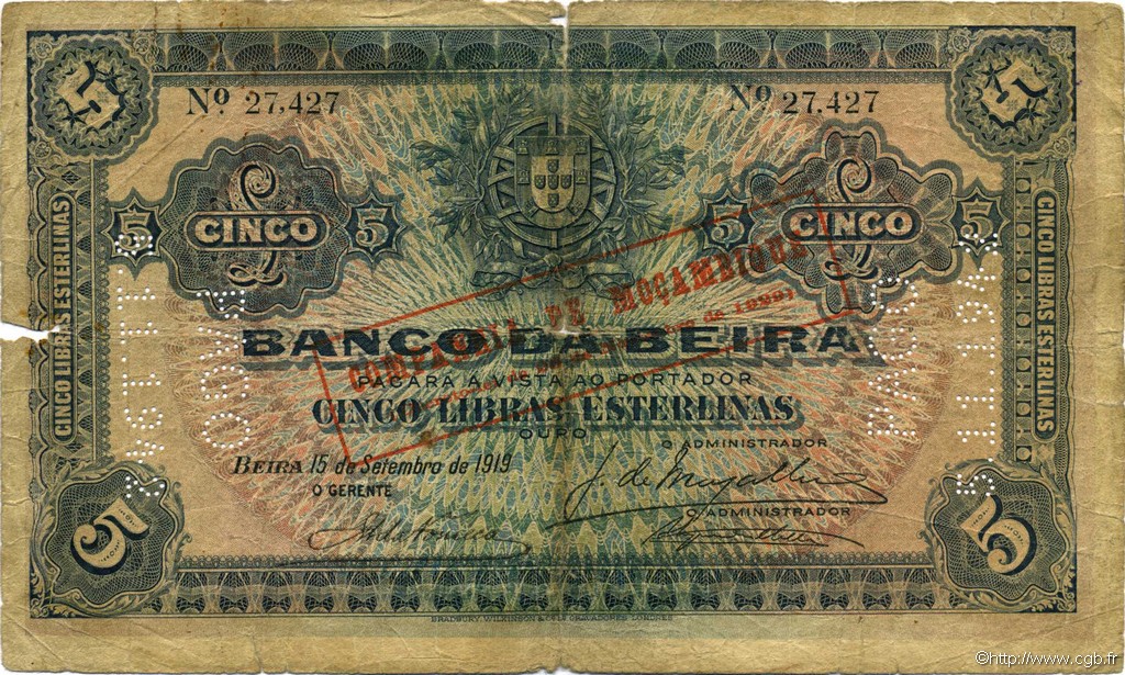 5 Libras MOZAMBIQUE Beira 1919 P.R21 B