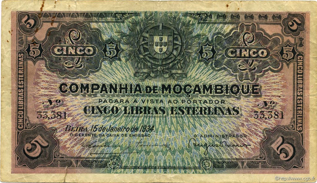 5 Libras MOZAMBIQUE Beira 1934 P.R32 TB
