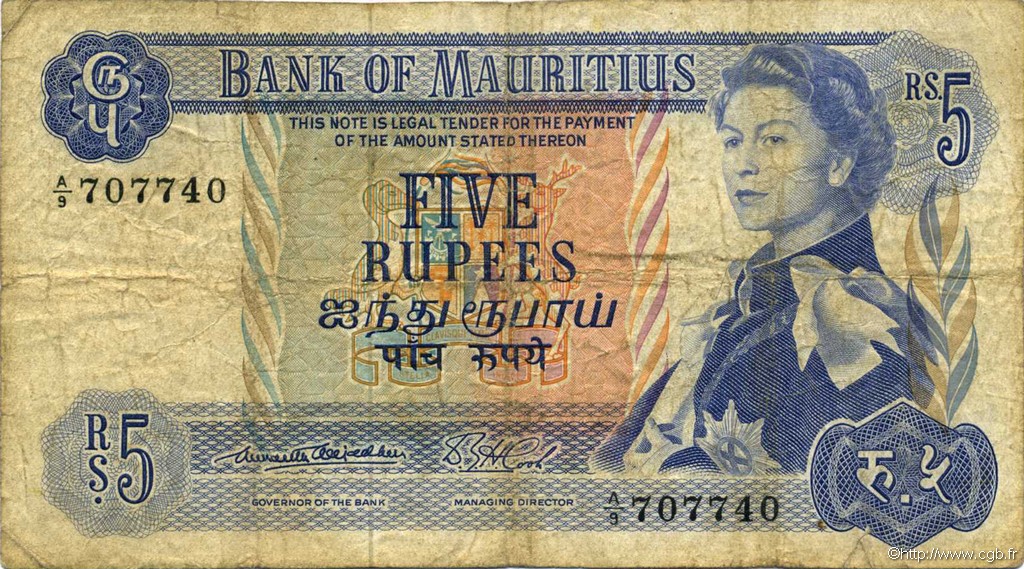 5 Rupees ÎLE MAURICE  1967 P.30a B