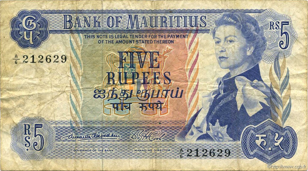 5 Rupees ÎLE MAURICE  1967 P.30a TB