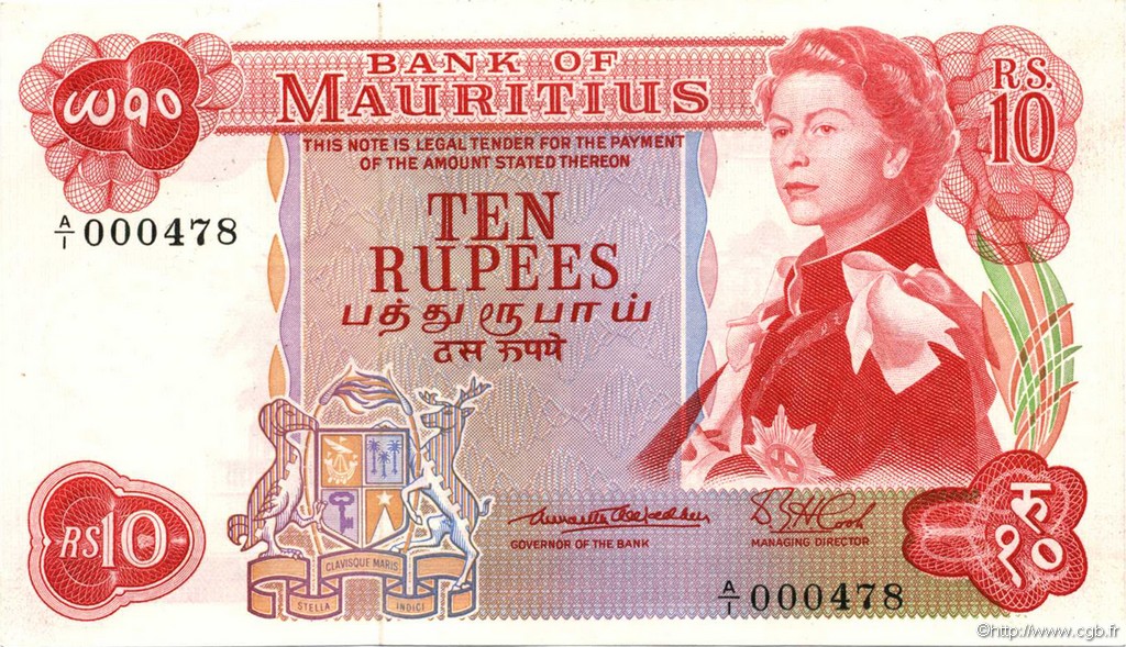 10 Rupees Petit numéro ÎLE MAURICE  1967 P.31c pr.NEUF