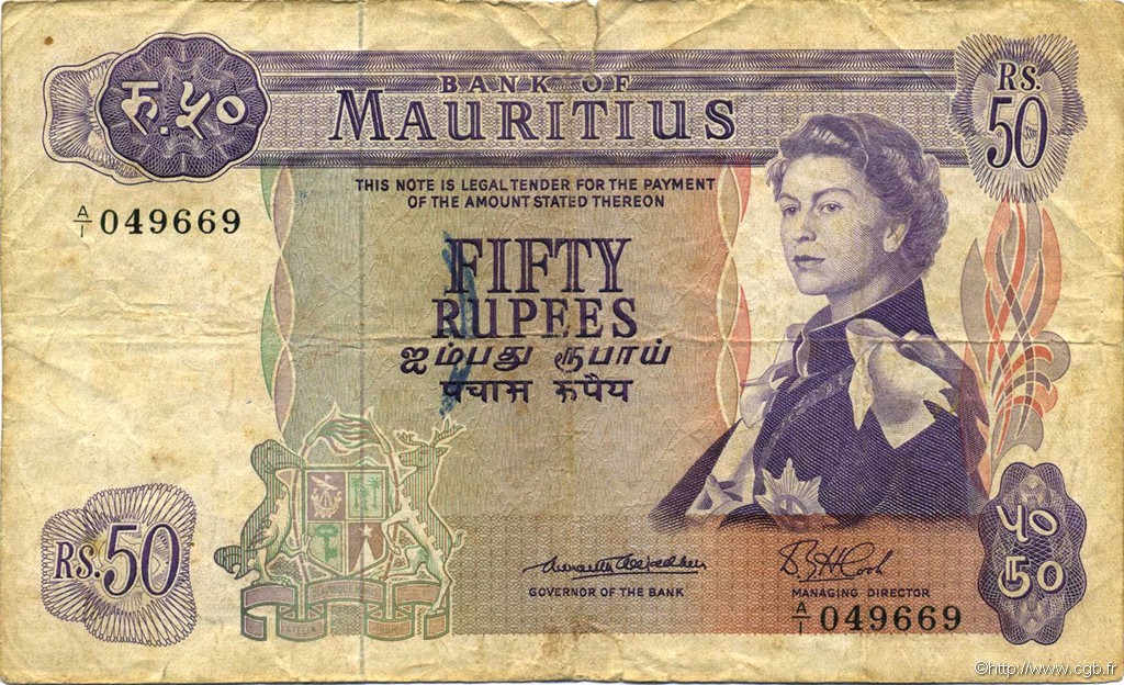 50 Rupees ÎLE MAURICE  1967 P.33a B+