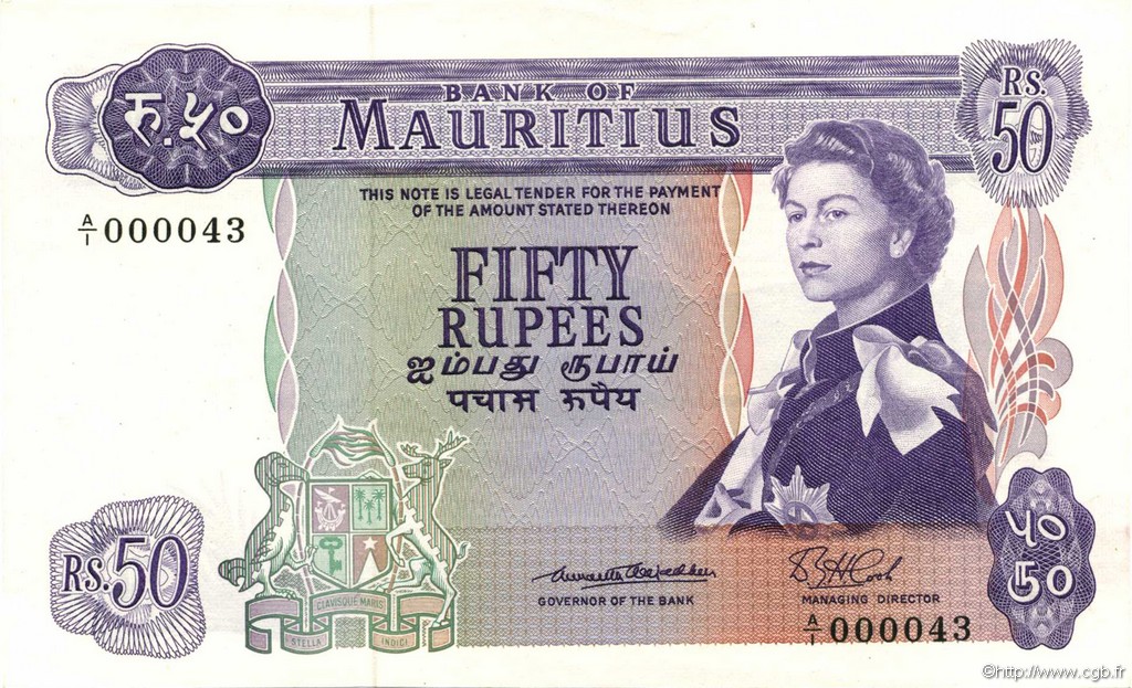 50 Rupees Petit numéro ÎLE MAURICE  1967 P.33a NEUF