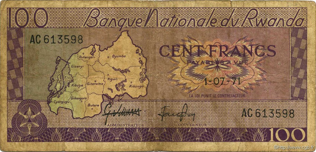 100 Francs RWANDA  1971 P.08c B