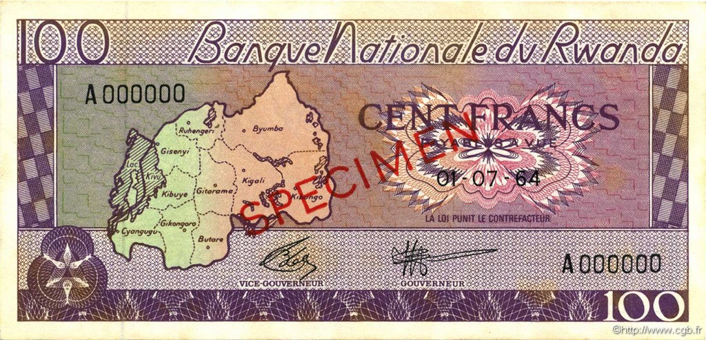 100 Francs Spécimen RWANDA  1964 P.08s1 SUP