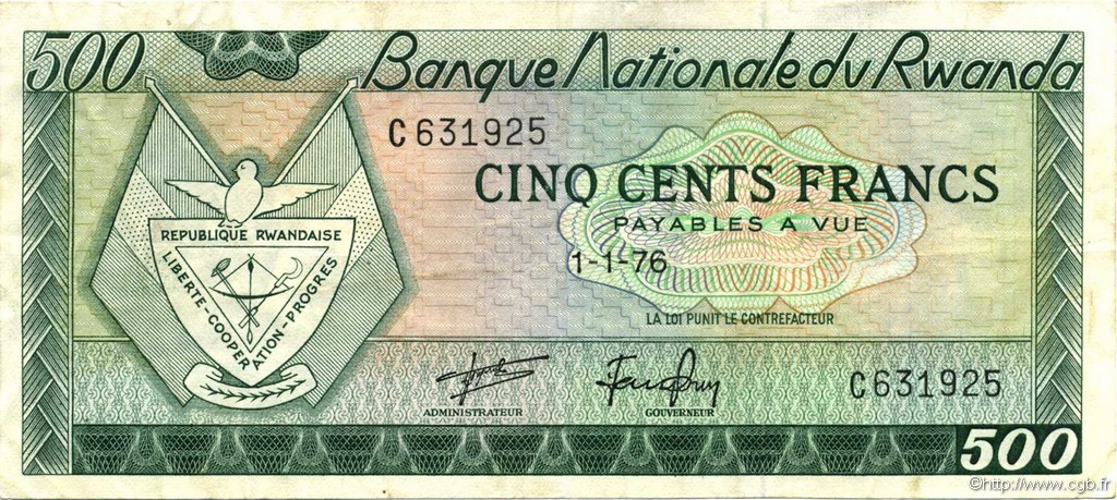 500 Francs RWANDA  1976 P.09b TTB+