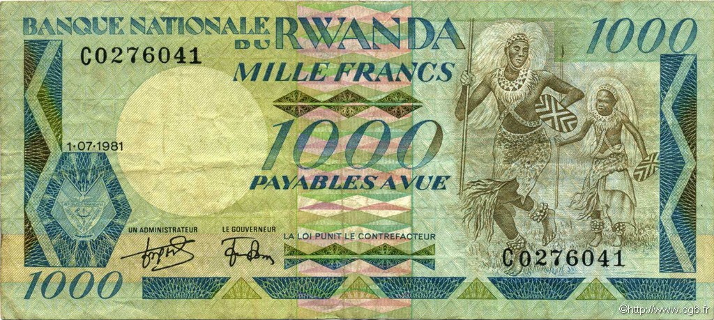 1000 Francs RWANDA  1981 P.17a TB+