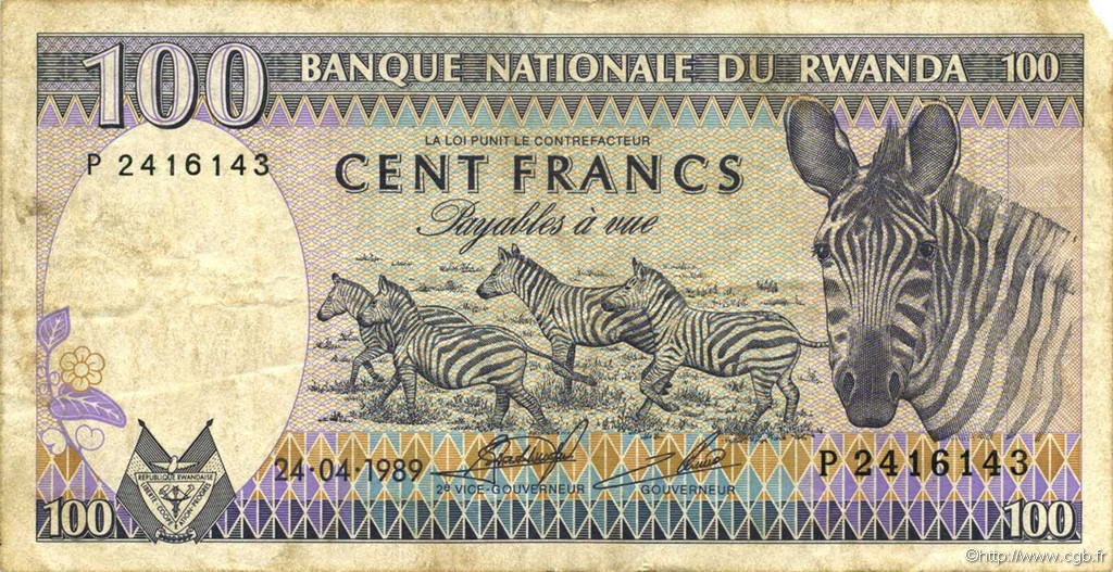 100 Francs RWANDA  1989 P.19 TB