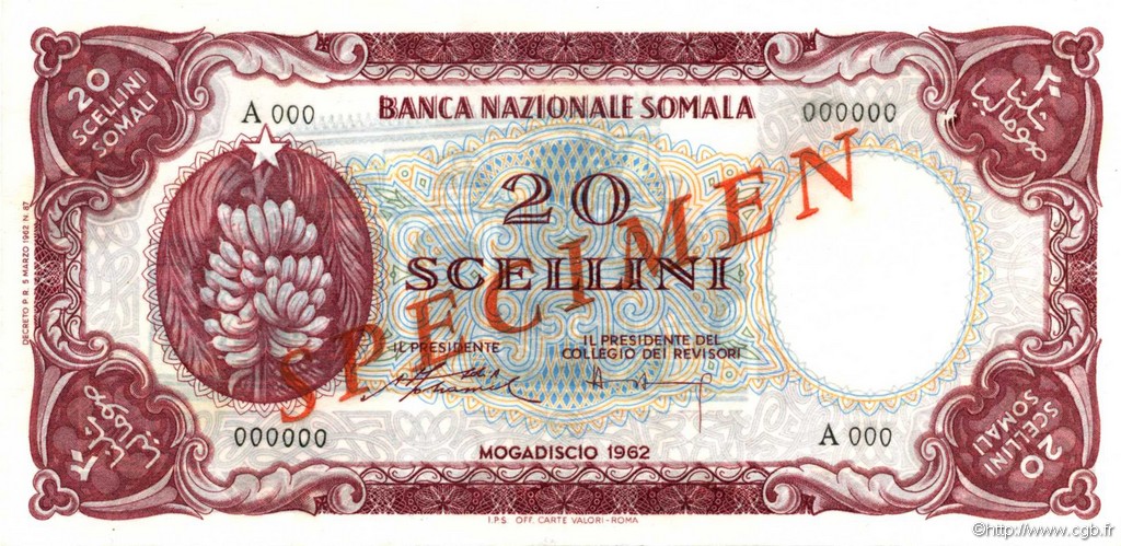 20 Scellini Spécimen SOMALIE  1962 P.03s pr.NEUF
