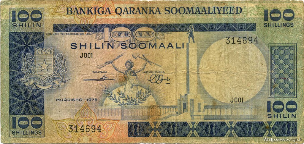 100 Shilin SOMALIE  1975 P.20 B