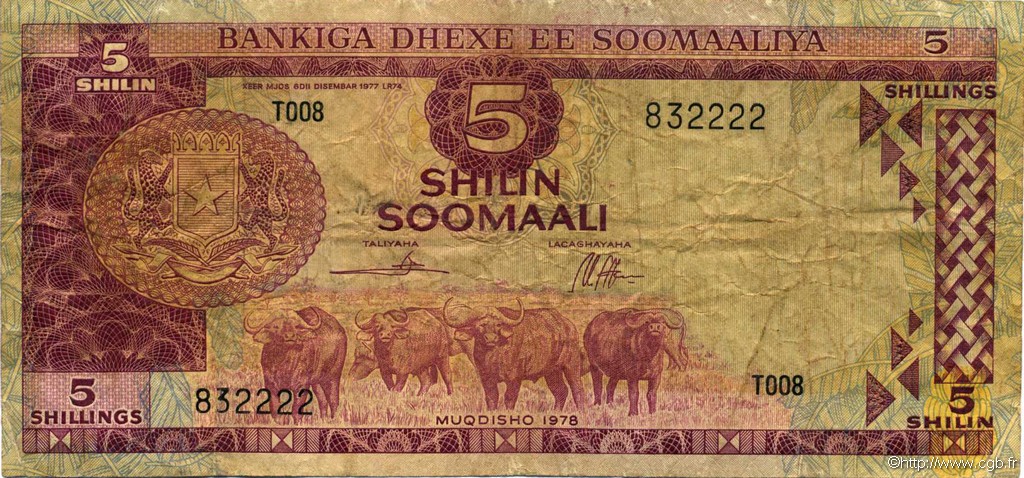 5 Shilin SOMALIE  1978 P.20A TB