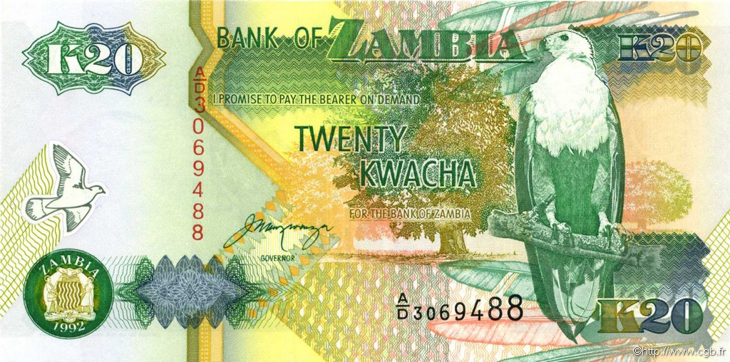 20 Kwacha ZAMBIA  1992 P.36b UNC-