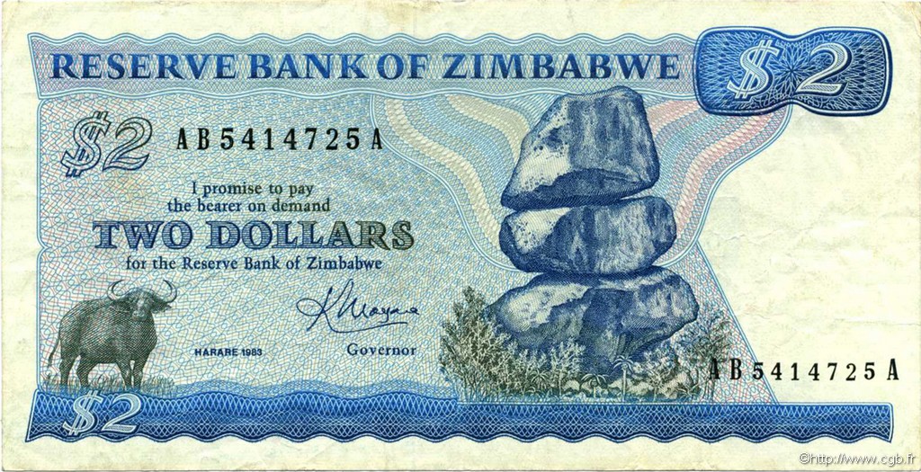 2 Dollars ZIMBABWE  1983 P.01b TTB