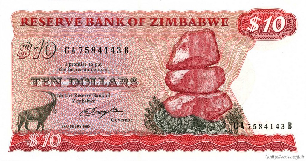 10 Dollars ZIMBABWE  1980 P.03a NEUF