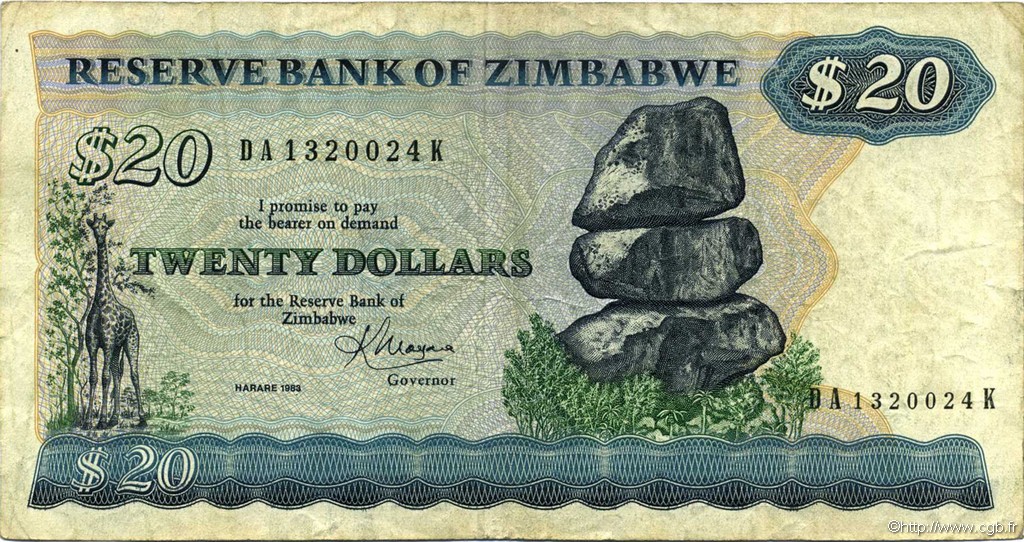 20 Dollars ZIMBABWE 1983 P.04c TB+