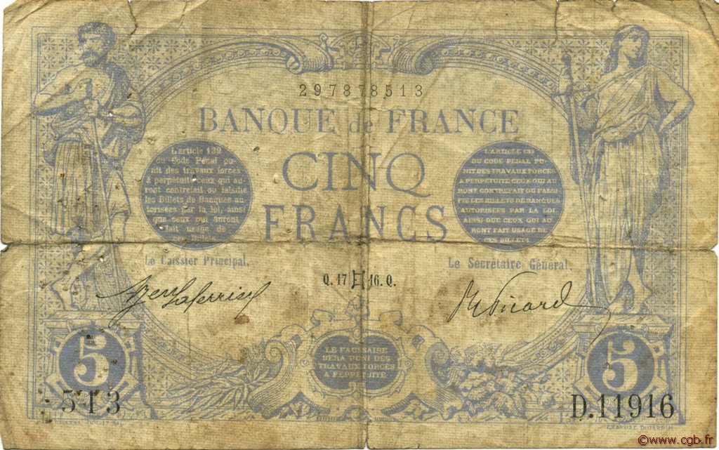 5 Francs BLEU FRANCE  1916 F.02.39 pr.B