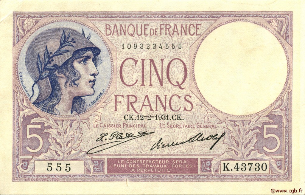 5 Francs FEMME CASQUÉE FRANCE 1931 F.03.15 SUP
