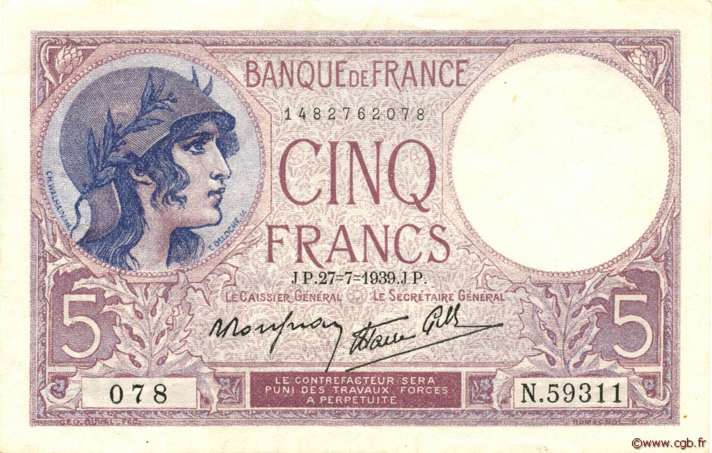 5 Francs FEMME CASQUÉE modifié FRANCE  1939 F.04.03 SUP