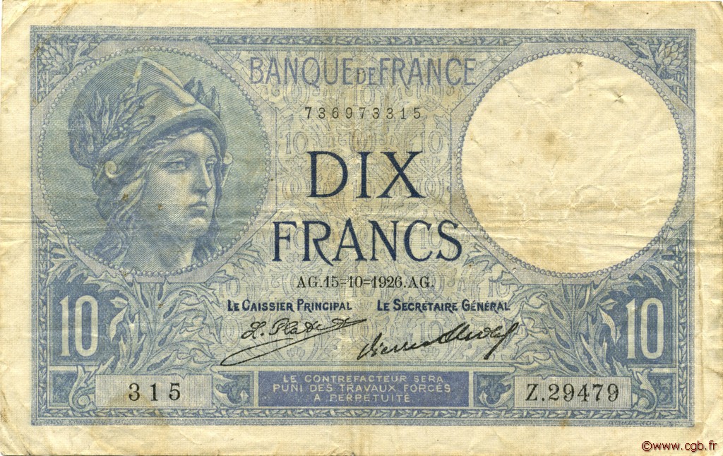 10 Francs MINERVE FRANCE  1926 F.06.11 TB
