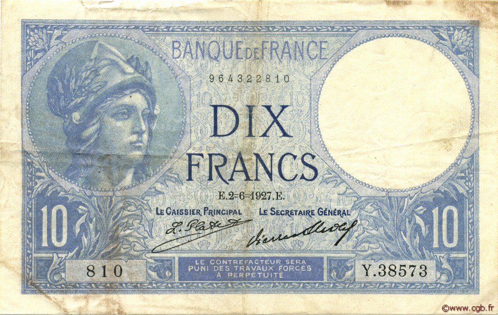 10 Francs MINERVE FRANCE  1927 F.06.12 TTB