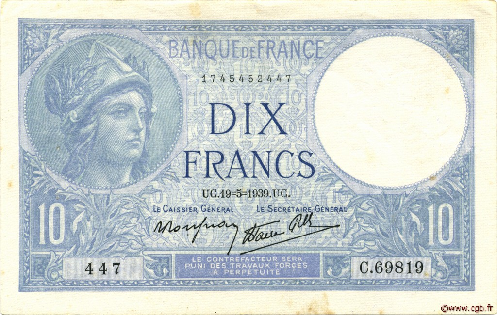 10 Francs MINERVE modifié FRANCE  1939 F.07.03 SUP