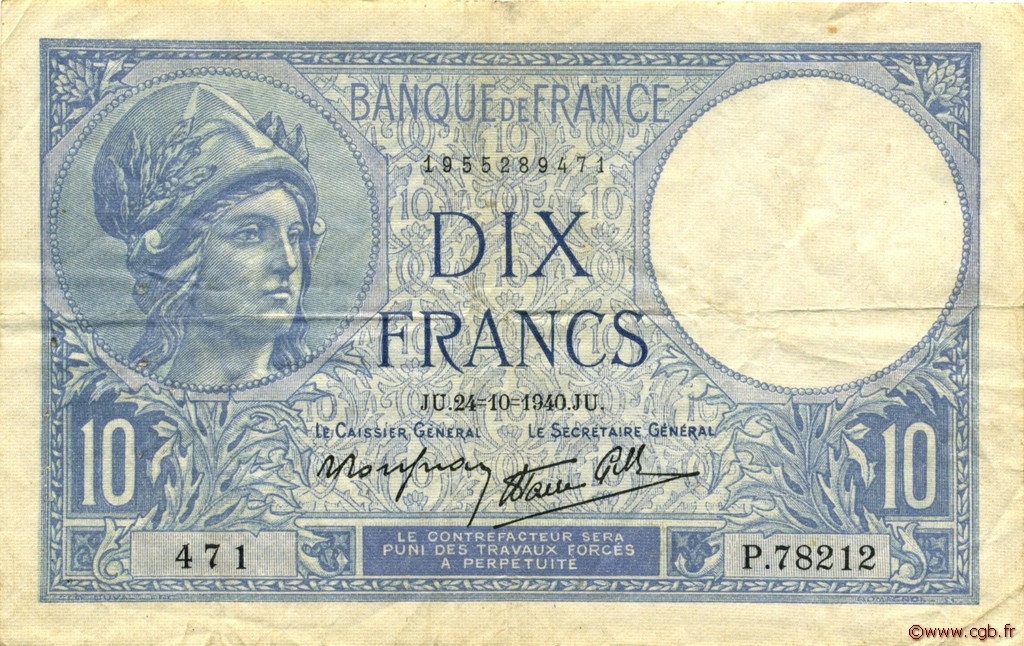 10 Francs MINERVE modifié FRANCE  1940 F.07.18 TTB