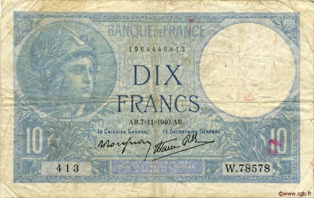 10 Francs MINERVE modifié FRANCE  1940 F.07.19 TB